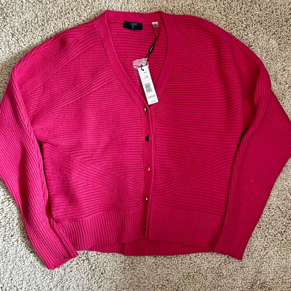 Tahari Fuchsia Ribbed Cardigan Sweater NWT Medium | Bright Pink V-Neck - Picture 8 of 12